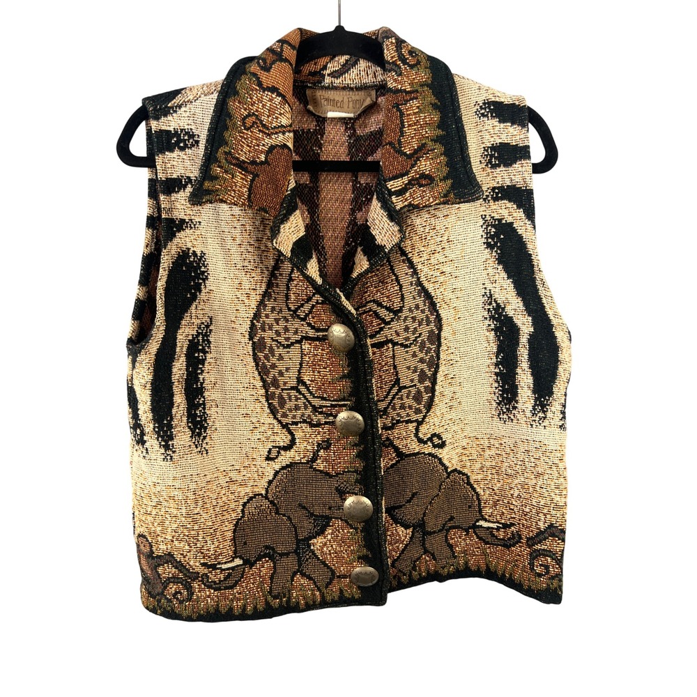 Vintage Painted Pony Cotton Tapestry Safari-Themed Vest SzM Large Silver Buttons
